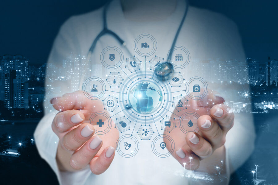 visualization of doctor hands outstreached with graphic of world and different medical symbols surrounding