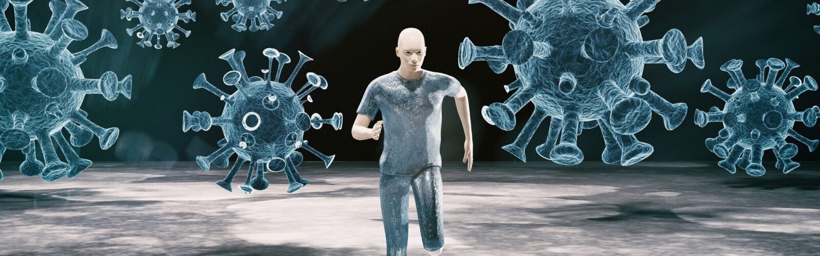 visualization of man running from giant covid viruses