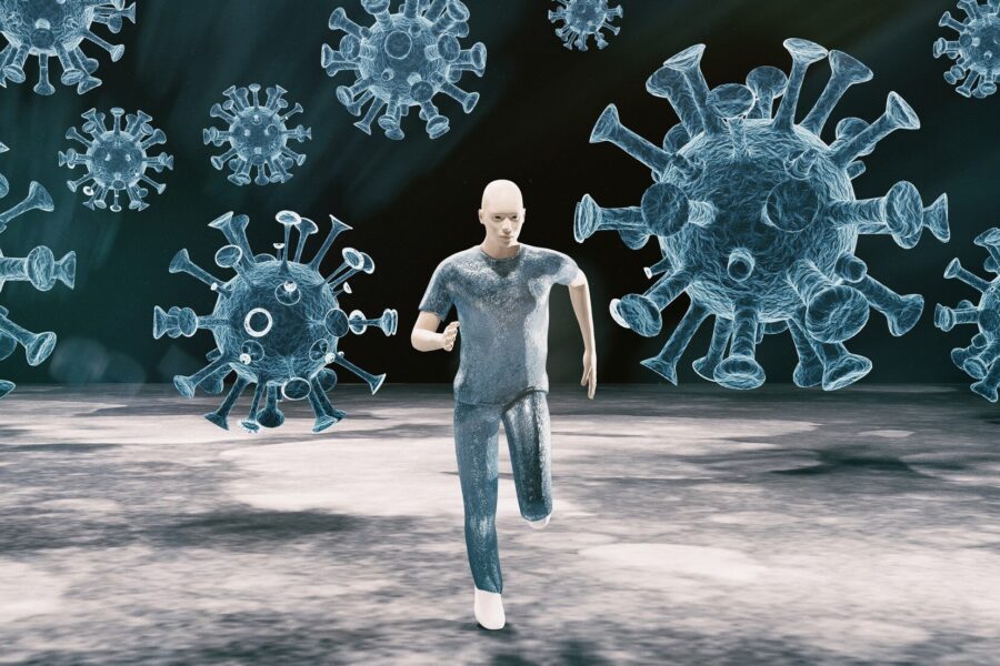 visualization of man running from giant covid viruses