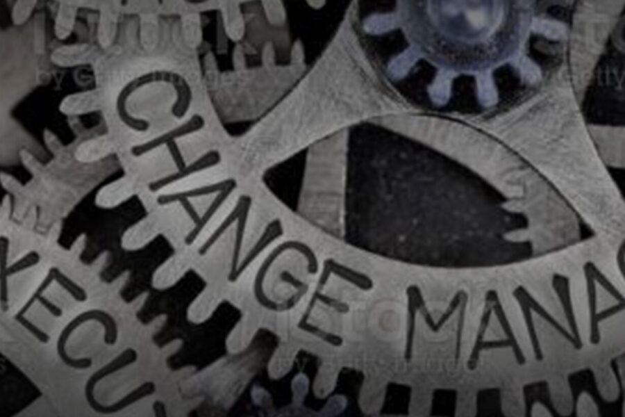 interlocking gears with change management and execute printed on the gears