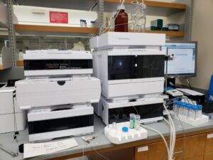 Agilent 1260 Infinity II high performance liquid chromatography equipped with various columns (reverse phase and GPC) for separation and characterization