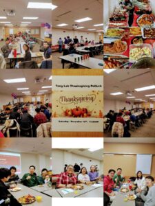 collage of pictures from Tang lab Thanksgiving potluck 2023