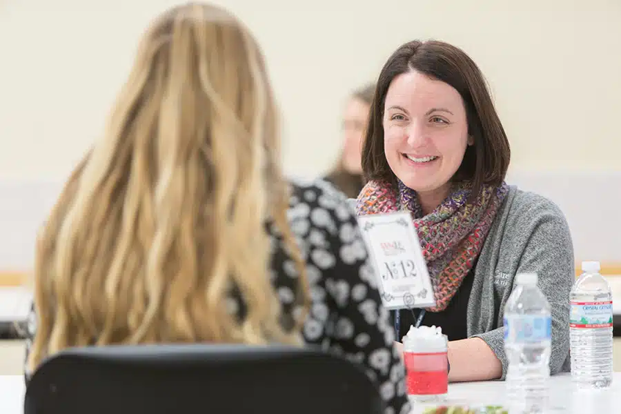 An employer and PharmD student do a mock interview together