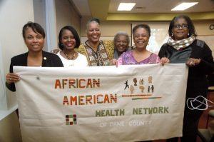 Community leaders at the "It's a Family Affair" event. Left-right: Eva Vivian, professor (CHS), UW-Madison School of Pharmacy and President of AAHN of Dane County, Corinda Rainey-Moore, Clinical Team Manager, Journey Mental Health Center, Gayle Johnson, Wisconsin Department of Health Services, Charlestine Daniel, Alzheimer’s Disease Research Center at UW-Madison, Pamela Bracey, African American Cultural Diversity Specialist North/Eastside Senior Coalition Madison, Carola Gaines, Health Educator at Unity Health Insurance.