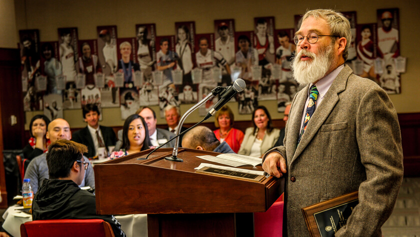 Heideman’s PharmD speaks after receiving a 2019 Teacher of the Year award.