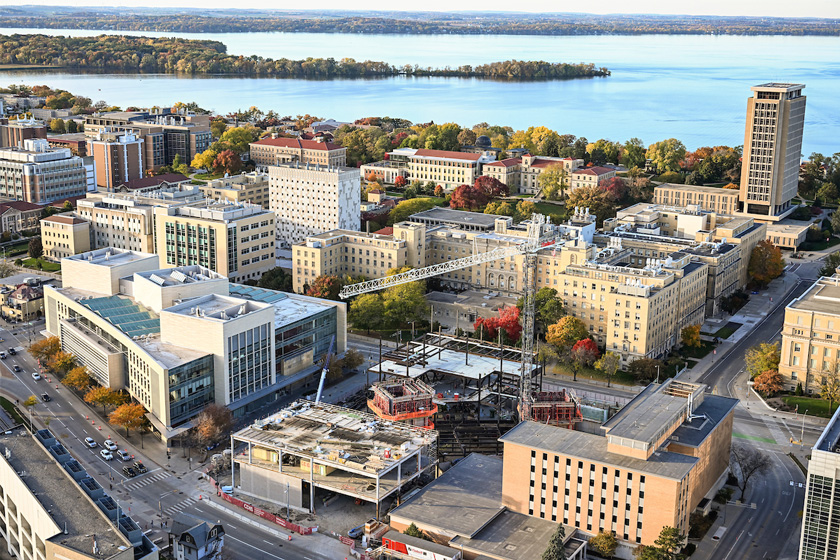 aerial view of the construction site of the future School of Computer, Data & Information Sciences (CDIS) pictured in an aerial view of the University of Wisconsin–Madison campus 