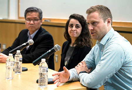 Three SoP alumni answer questions in a panel discussion for HS students and their parents