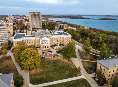 Aerial view of Bascom Hall, next to Lake Mendota