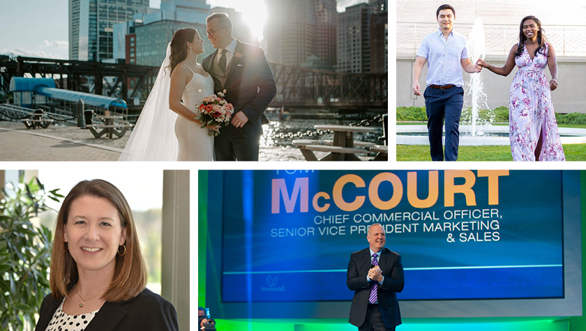 Class Notes collage with Katherine Sencion wedding photo, Candance Bishop engagement photo with fellow badger, portrait of Melissa Theesfeld, and Tom McCourt presenting as CCO and Senior vice president for Marketing and Sales