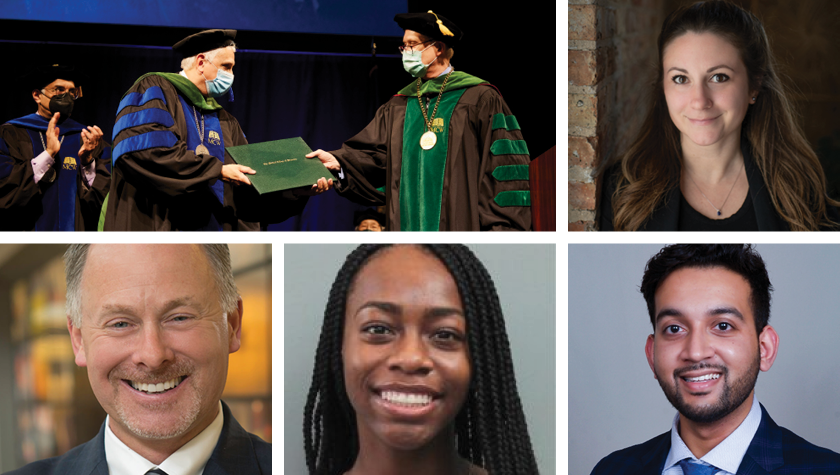 A collage of alumni photos featuring George MacKinnon III (BS '88, MS '90), Stephanie Smith (BS '09), Lee Vermuelen (MS '92), Cierra Brewer (PharmD '21), and Kishan Patel (BS '17).