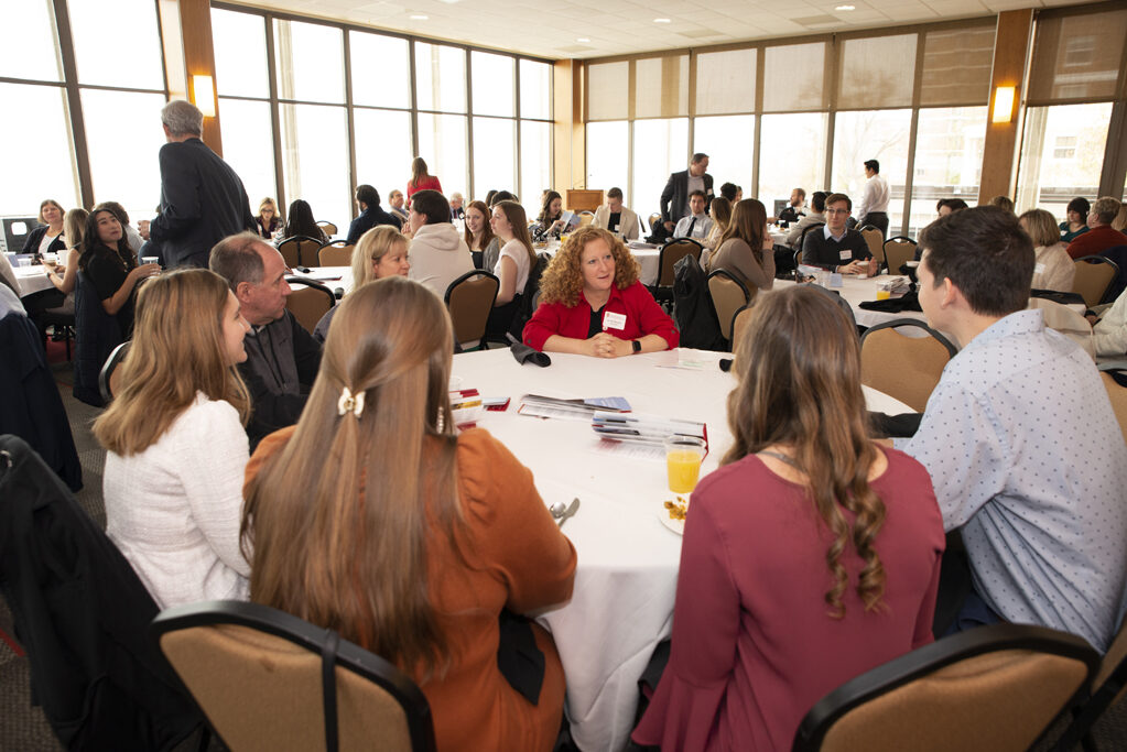 UW Chancellor Jennifer Mnookin speaks with PharmD students at the Fall 2022 Scholarship Brunch. | Photo by Ingrid Laas