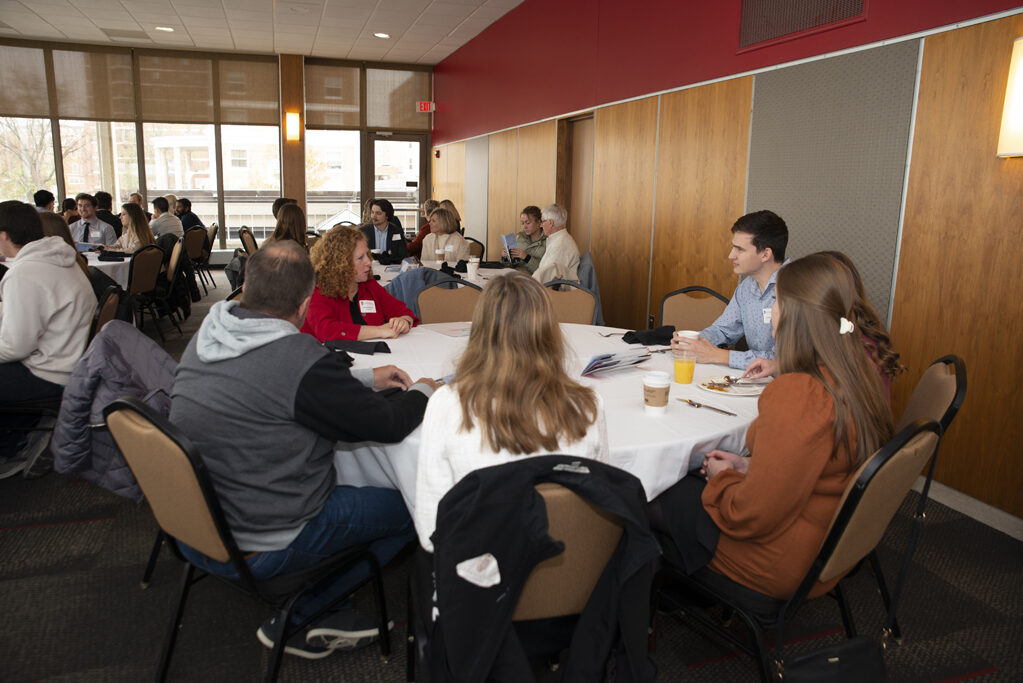 UW Chancellor Jennifer Mnookin speaks with PharmD students at the Fall 2022 Scholarship Brunch. | Photo by Ingrid Laas