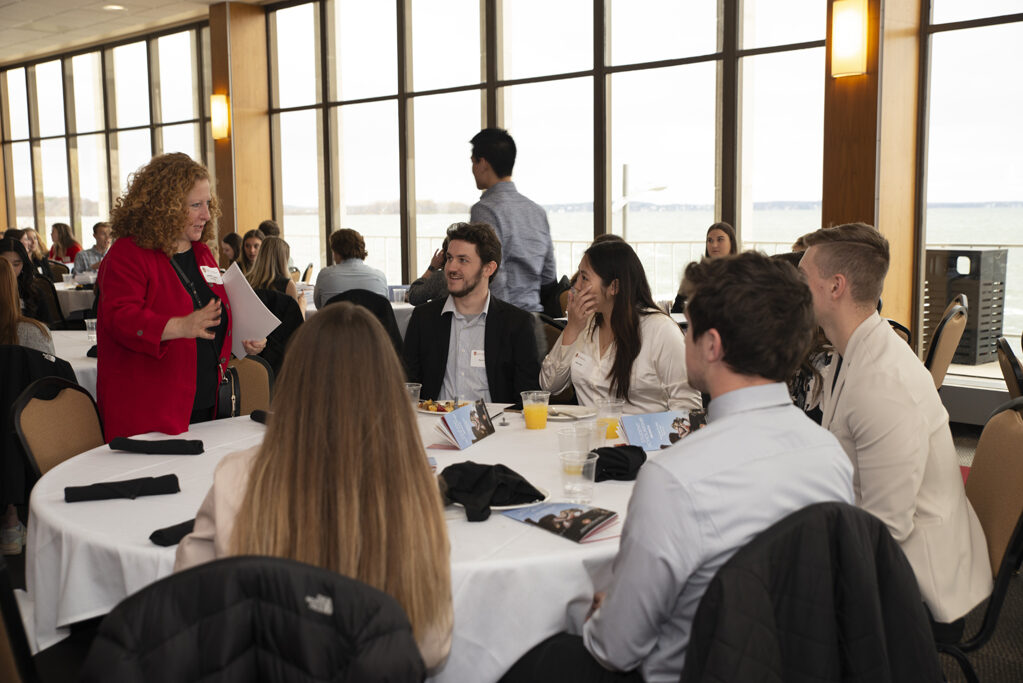 UW Chancellor Jennifer Mnookin speaks with PharmD students at the Fall 2022 Scholarship Brunch. | Photo by Ingrid Laas