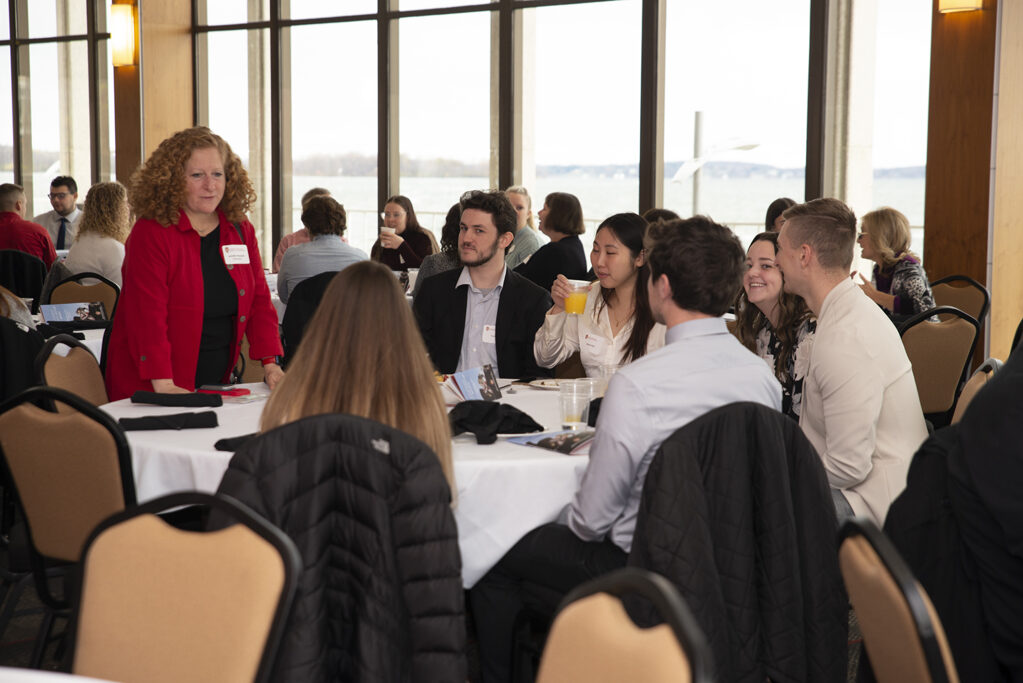 UW Chancellor Jennifer Mnookin speaks with PharmD students at the Fall 2022 Scholarship Brunch. | Photo by Ingrid Laas