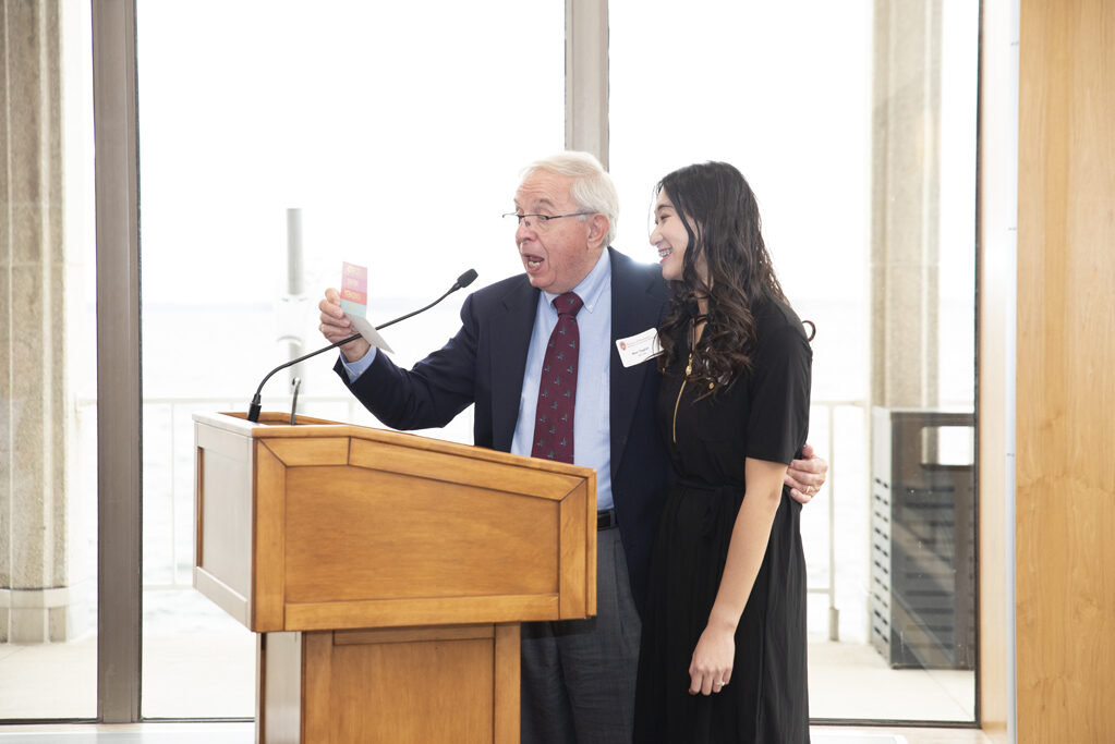 Alum Ronald Taylor (MS '66) and PharmD student Jenny Lin speak at the Fall 2022 Scholarship Brunch. | Photo by Ingrid Laas