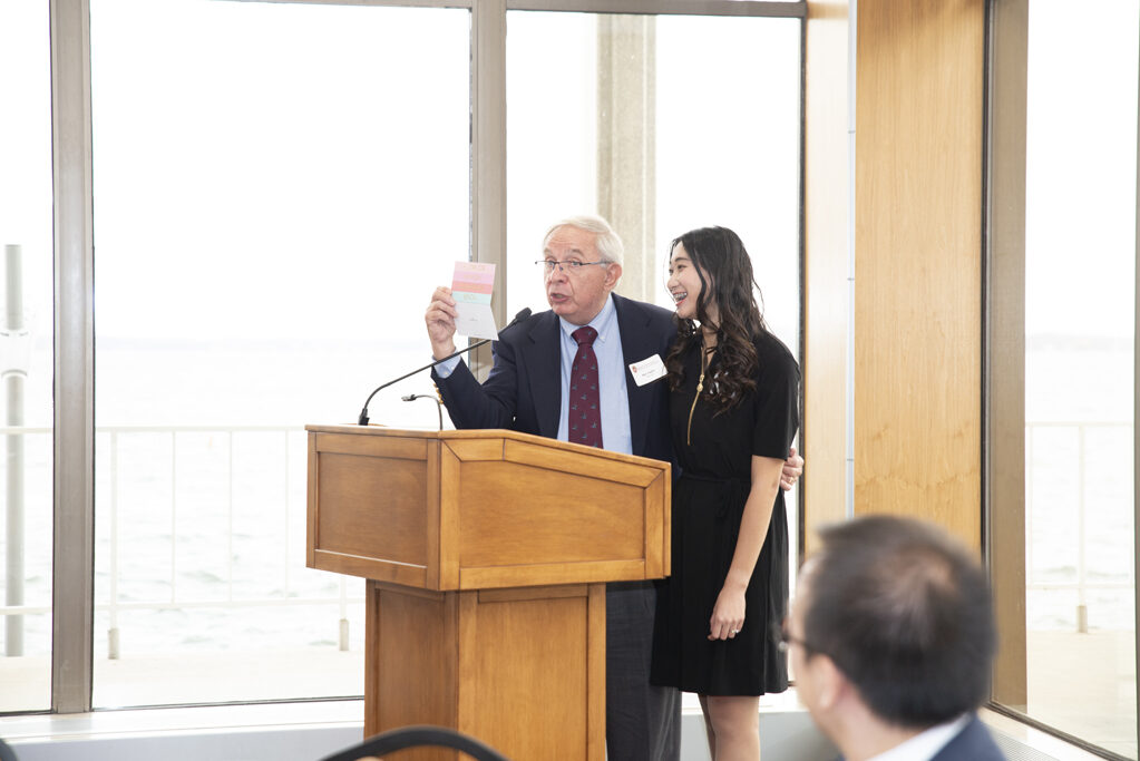 Alum Ronald Taylor (MS '66) and PharmD student Jenny Lin speak at the Fall 2022 Scholarship Brunch. | Photo by Ingrid Laas