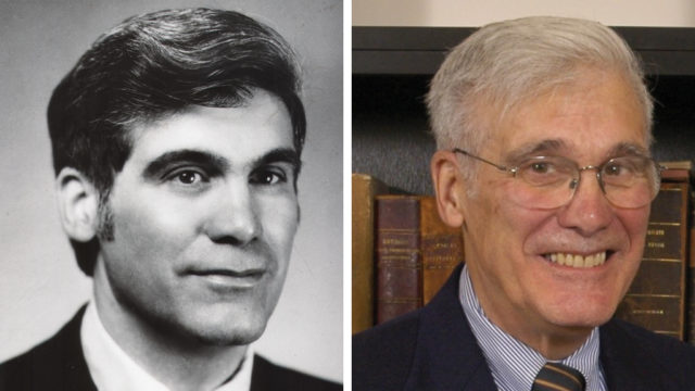 Black and white photo of George Zografi from when he was younger side-by-side of current picture