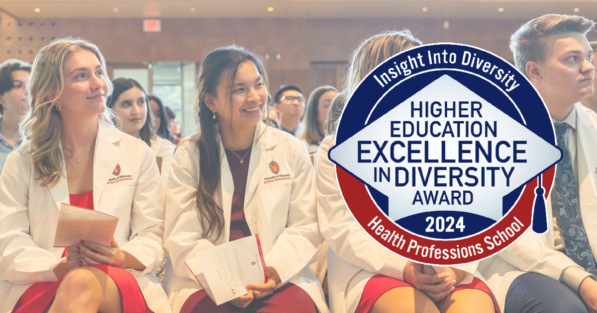 A photo of PharmD students wearing their white coats, with the 2024 HEED Award logo overlaid.