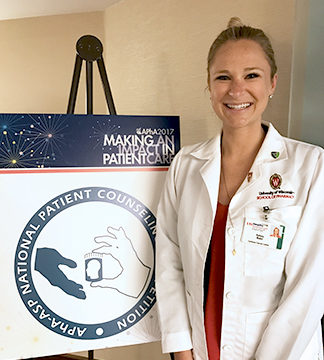 Kelsey Waier, DPH-3 student, next to APhA 2017 National Patient Counseling Competition board