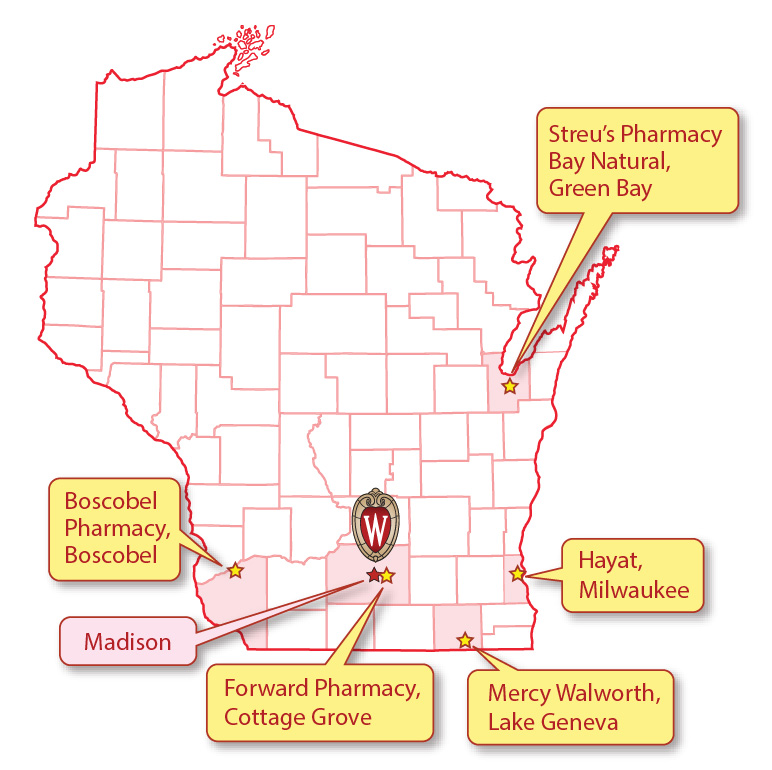 Map with 2024 UW-Madison sites: Green Bay, Boscobel, Cottage Grove, Lake Geneva, and Milwaukee