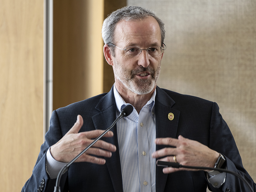 Dave Mott keeps the program flowing during the School of Pharmacy Scholarship Brunch at the Pyle Center in the Alumni Lounge on Sunday, April 10, 2022.