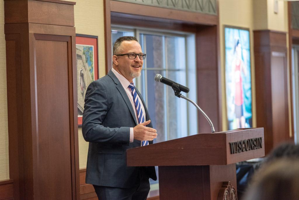 Gavin Arteel gives his speech as the winner of 2019 PharmTox Alumus of the Year.