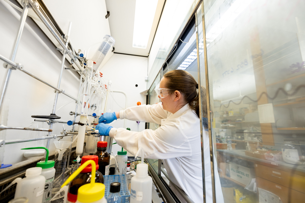 Another view of Kyzer’s work in the chemical fume hood, which limits the research team’s exposure to potentially hazardous fumes, vapors, and dust.