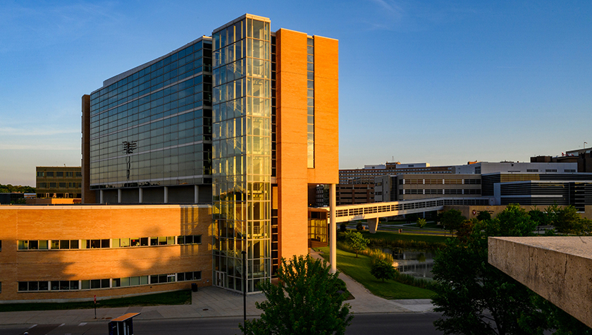 Rennebohm Hall lit up by light of setting sun
