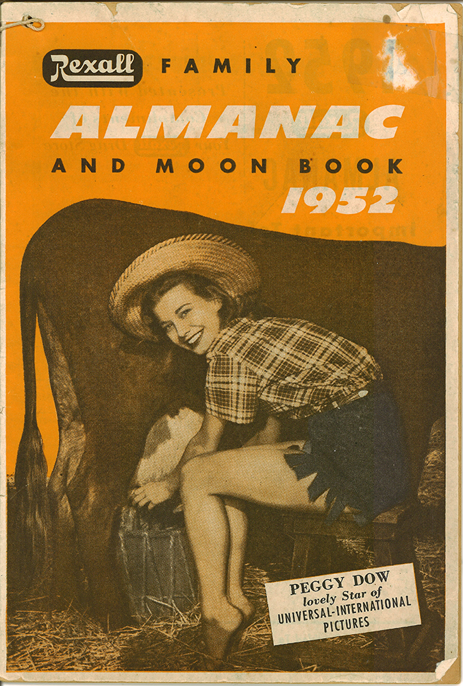 An orange cover of the 1952 Rexall Family Almanac, featuring Peggy Dow.