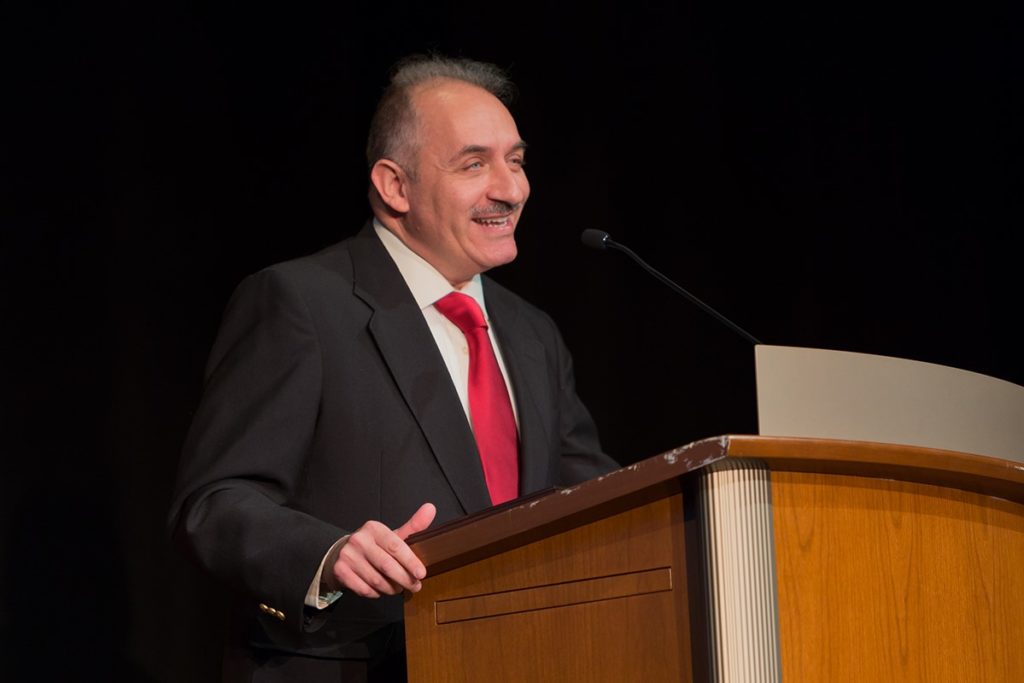 Sandro Mecozzi, honored by Teacher of the Year, gives his keynote speech at the ceremony.