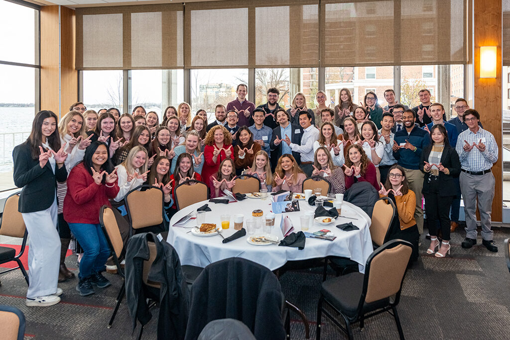 A group of PharmD student scholarship recipients, with Chancellor Jennifer Mnookin, at the Scholarship Brunch.