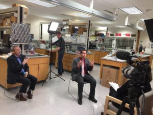 School of Pharmacy faculty Dave Mott (left) and Ed Portillo (center) with Wisconsin Public Television.