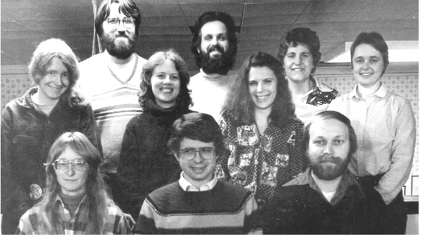 A black and white photo of Community Pharmacy staff in 1979