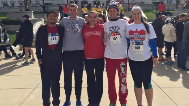 Pharmacology - Toxicology students pose before the Crazy Legs event: Brian Ferrer, junior; Alex Hall, senior; Laura Josephson, senior; class president, Tyler Jessel, senior; and Nicole Bednarz, senior.