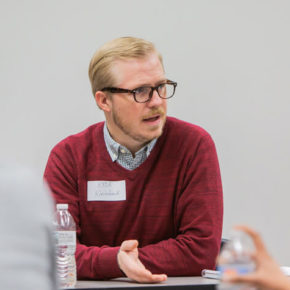 Kyle Kleinbeck speaks with students.