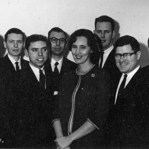 Black and white photo of the Lost Boys of Pharmacology with their research mentor Professor Coryce Haavik.