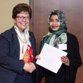 PharmTox student and 2019 Hilldale Fellowship winner Adeela Ali with Chancellor Rebecca Blank.