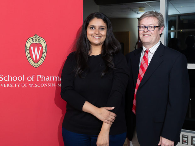 Graduate student Tanvee Thakur, winner of a teaching assistant award and Joseph B. Wiederholt Fellow, with Associate Professor Charles Lauhon.