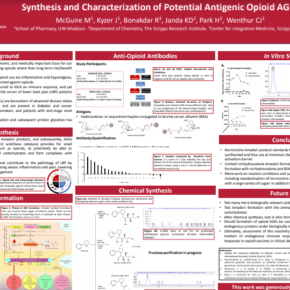 Photo of research poster about "Synthesis and Characterization of Potential Antigenic Opioid AGEs"