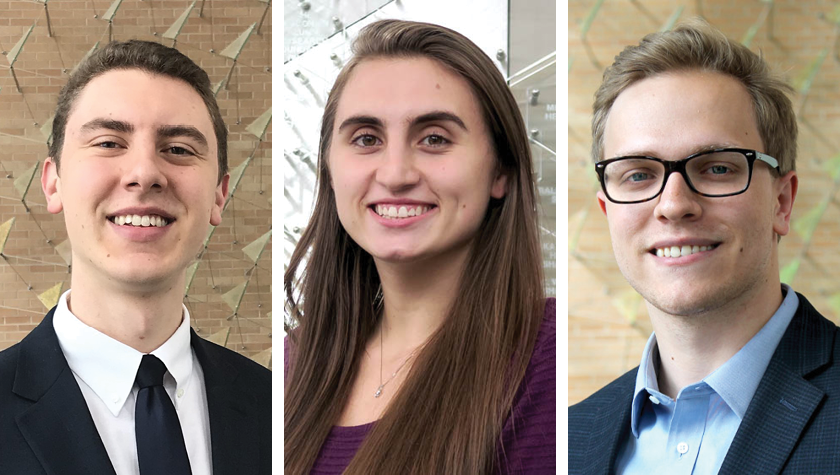 headshots of Justin Ferek, Kelsey Brasel, and Thomas Lofy