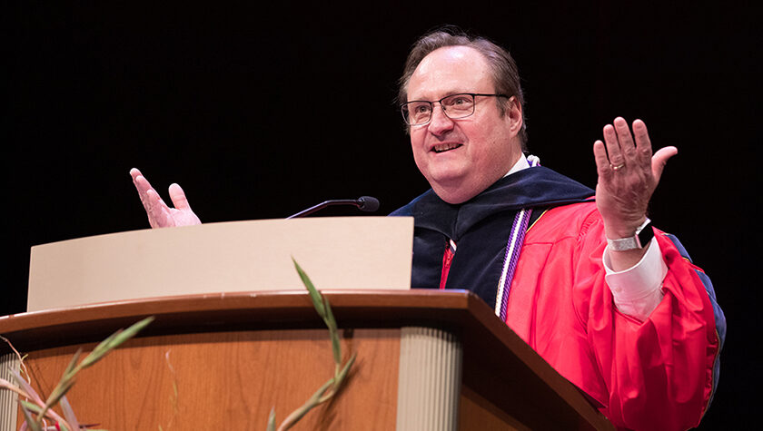 School of Pharmacy Dean Steve Swanson speaks at the School's 2022 Hooding Ceremony