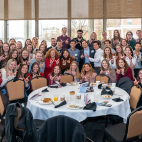 A group photo of PharmD student scholarship recipients, with Chancellor Jennifer Mnookin, at the 2022 Scholarship Brunch.