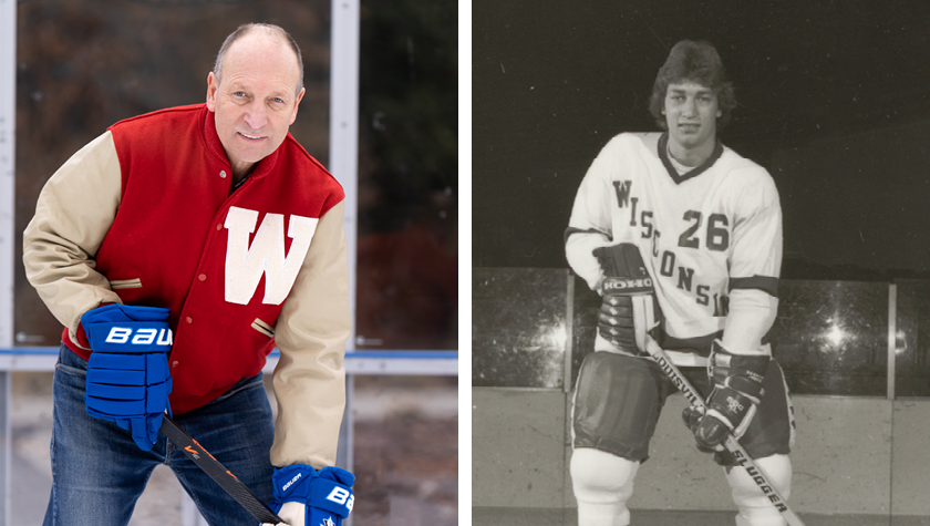 Ed Lebler poses in hockey gear, side-by-side images from 2023 and 1979