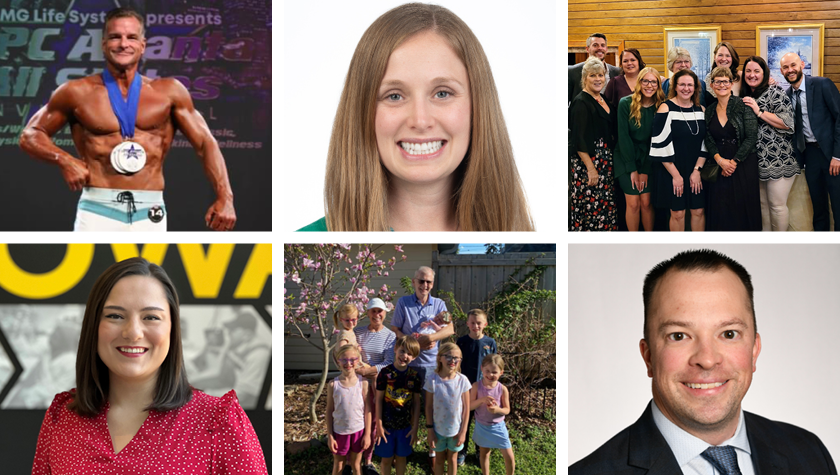 Dave Wuest posing with medals at a bodybuilding event, a headshot of Hailey Soni, Julie Asmus with family, a headshot of Maya Boguslawski, Jim Herrick with grandchildren, and a headshot of Jason Bergsbaken.