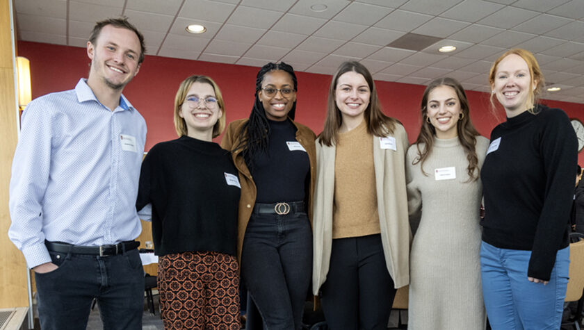 Alum Heather Spatchek (PharmD '06), president of the Pharmacy Alumni Association (PAA), with PharmD student recipients of the PAA Scholarship: Andrew Iverson, Abigail Komro, Maria Hill, Julia Weber, and Lauren Glaza during the PharmD Student Scholarship Brunch on Sunday, November 12, 2023, at the Pyle Center. (Freelance Photographer Paul L. Newby, II )