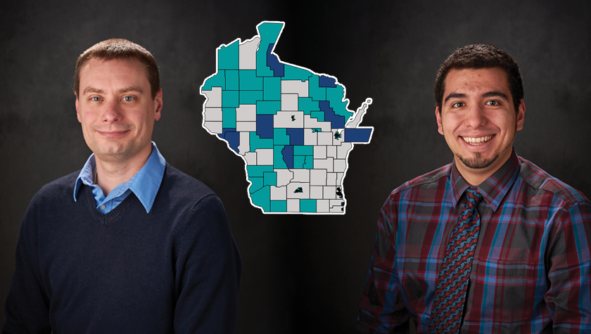 Kevin Look and Ed Portillo, with a teal, blue, and green map of Wisconsin between them