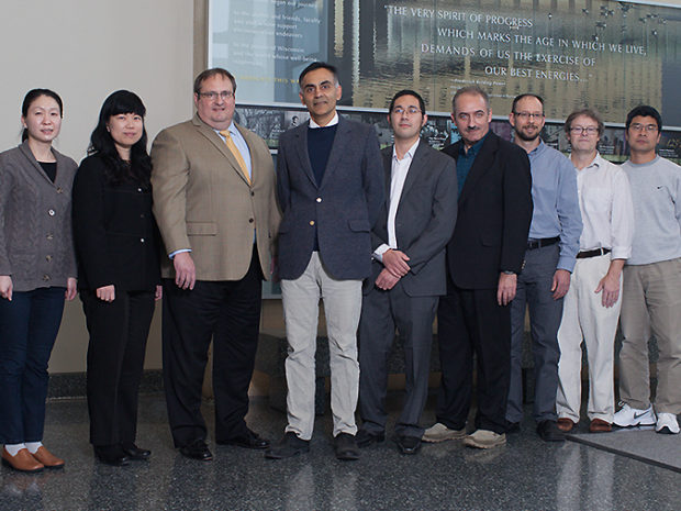 Pictured above. Pre-lecture several of the Pharmaceutical Sciences faculty were on hand to welcome Dr. Khosla. Left-right: Jiaoyang Jiang, assistant professor, Lingun Li, professor, Dean Steve Swanson, Chaitan Khosla, Jason Kwan, assistant professor and faculty host, Sandro Mecozzi, associate professor, Tim Bugni, associate professor, Chuck Lauhon, associate professor and Vice Chair, and Weiping Tang, associate professor.