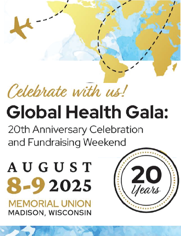 Graphic promoting Global Health Gala (Aug 8-9, 2025), celebrating 20 years of global learning experiences