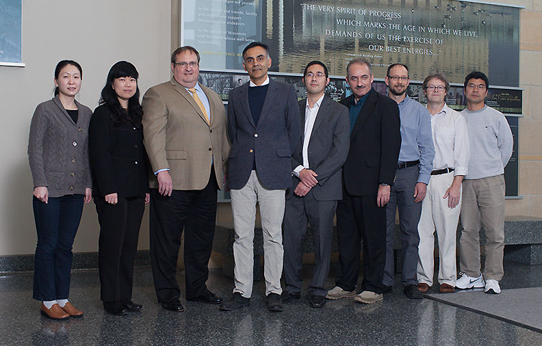 Pictured above. Pre-lecture several of the Pharmaceutical Sciences faculty were on hand to welcome Dr. Khosla. Left-right: Jiaoyang Jiang, assistant professor, Lingun Li, professor, Dean Steve Swanson, Chaitan Khosla, Jason Kwan, assistant professor and faculty host, Sandro Mecozzi, associate professor, Tim Bugni, associate professor, Chuck Lauhon, associate professor and Vice Chair, and Weiping Tang, associate professor.