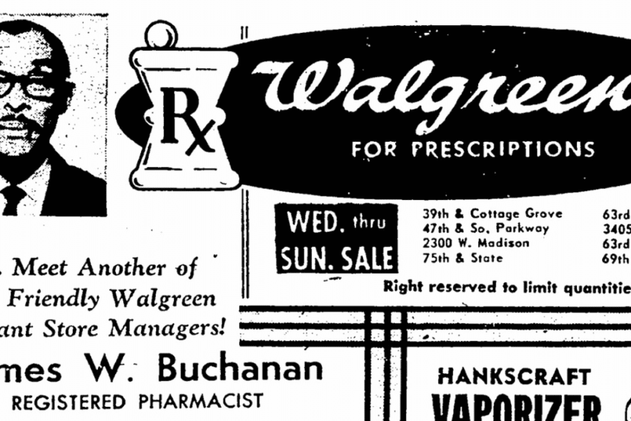 1966 Walgreens advertisement from the Chicago Defender featuring James Buchanan.
